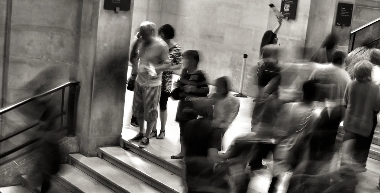 Terms of use: image of fast-moving crowd on steps.